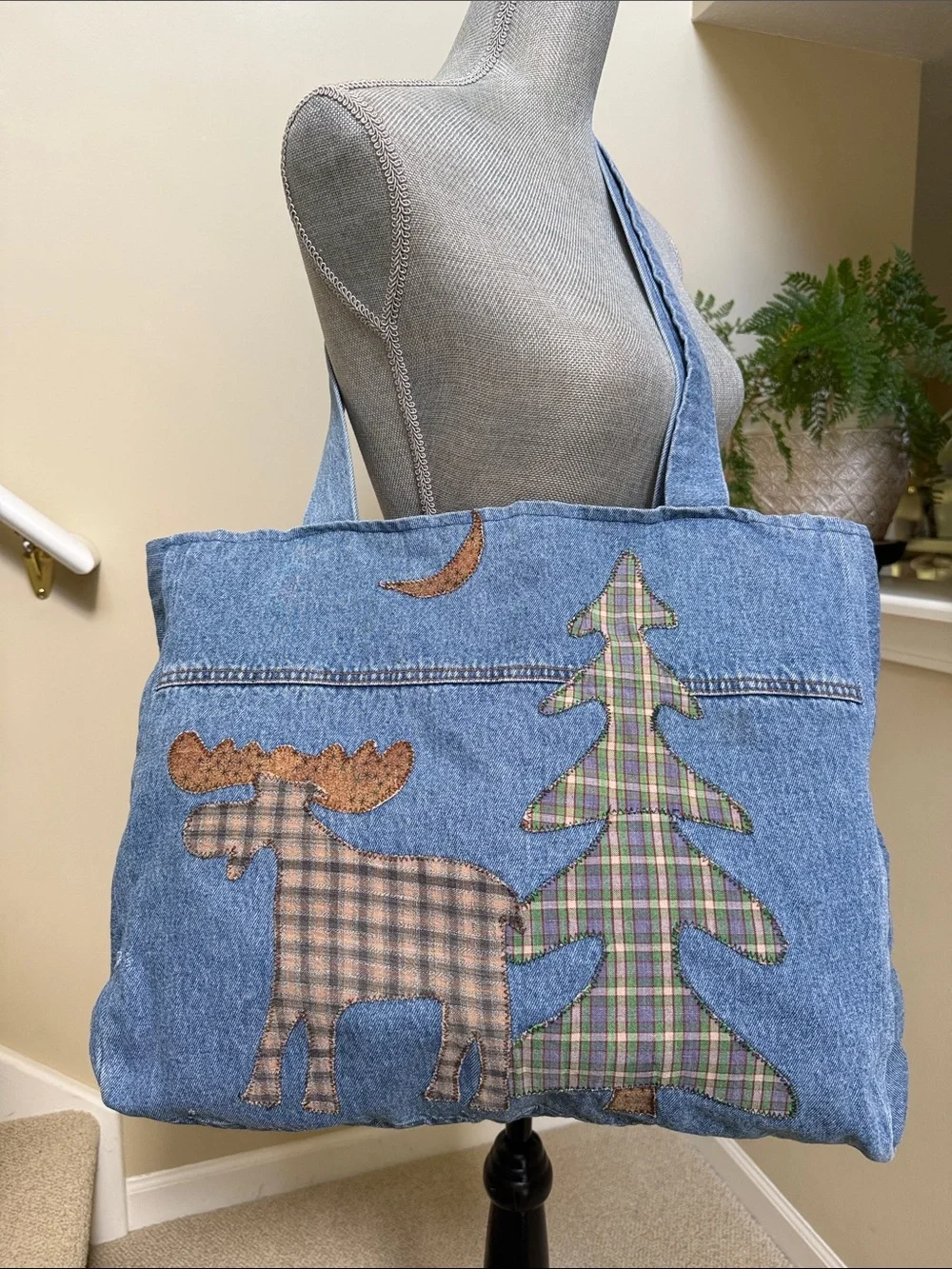 New w/o tag Denim Stonewashed Tote Bag with Plaid Moose & Tree Appliqué - Blue